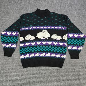 Vintage 80s Spunky Bunny Rabbit Sweater Womens Medium Black Novelty USA Easter